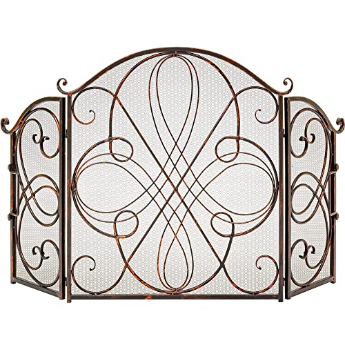 Best Choice Products 3-Panel 55x33in Solid Wrought Iron See-Through Metal Fireplace Screen, Spark Guard Safety Protector w/Decorative Scroll - Copper