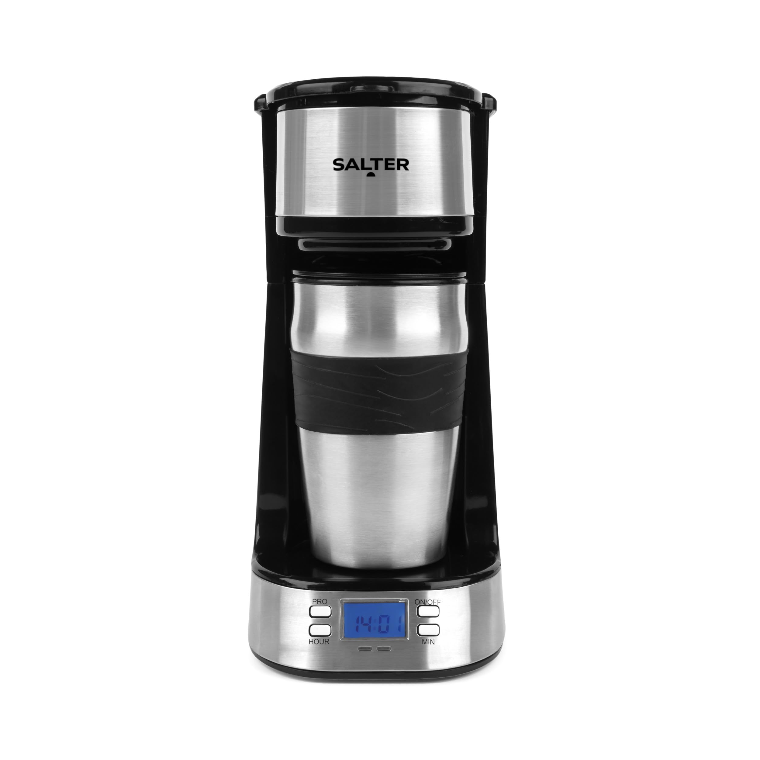 Salter Cafetera de Filtro Digital – Filtro Lavable y Reutilizable, Incluye Taza de Viaje de 420 ml de Acero Inoxidable, Prepara Café en 3-4 Minutos, Compatible con Café Molido o Pads