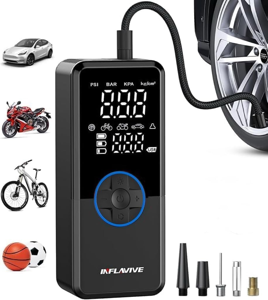 Tire Inflator Portable Air Compressor,4X Faster Inflation Cordless Tire Air Pump with Digital Gauge,Auto Shut-Off,LED Light,Electric Air Pump for Car Tires,SUV, Motorcycle, Bike, Balls(BLUE)