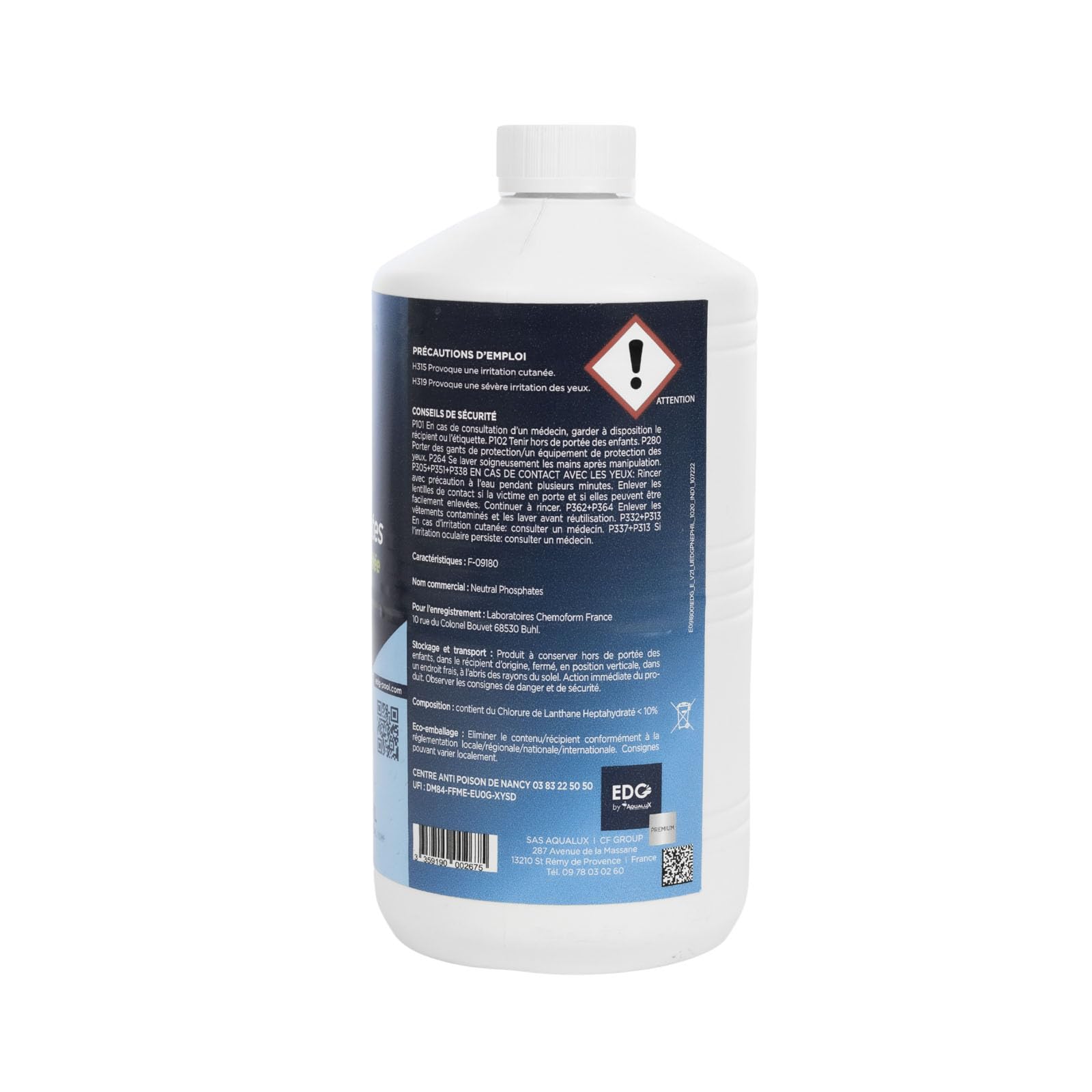 EDG by Aqualux - Anti Phosphates Piscine 1L | Élimine la Nourriture des Algues | Traitement Préventif et Curatif Liquide | Compatible Chlore, Sel, Brome | Améliore la Clarté de l'eau