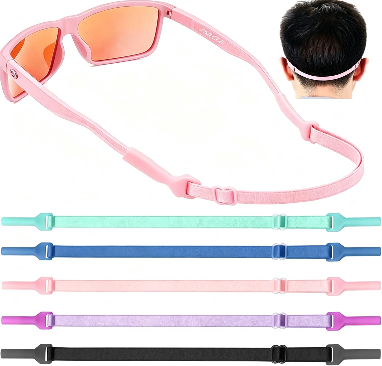KSACLE Adjustable Glasses Strap, Upgrade 5 Pack No Tail Eyeglass Straps, Universal Fit Rope Eyewear Retainer, Sport Unisex Sunglass Retainer Holder Strap for Men, Women and Kids (Kids, 7-11 inch)