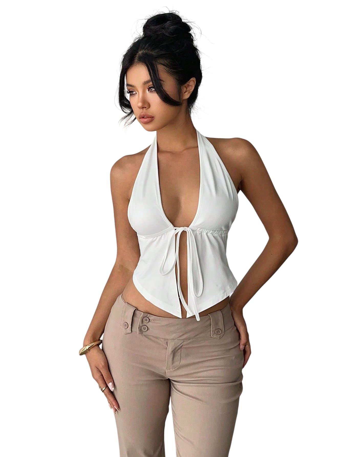 KATECLO Women’s Halter Neck Backless Tie-Up Crop Top | Deep V Sleeveless Summer Party Top for Women & Girls-image-26