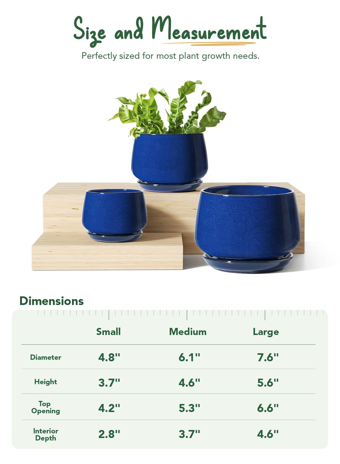 LE TAUCI Ceramiczne Doniczki do Roślin, 10+12,5+16,5 cm Doniczki do Roślin, Zestaw 3 Szt., Donice z Otworem Odpływowym i Podstawką, Doniczki do Wnętrz z Siatką Drenażową, Szafirowy Niebieski