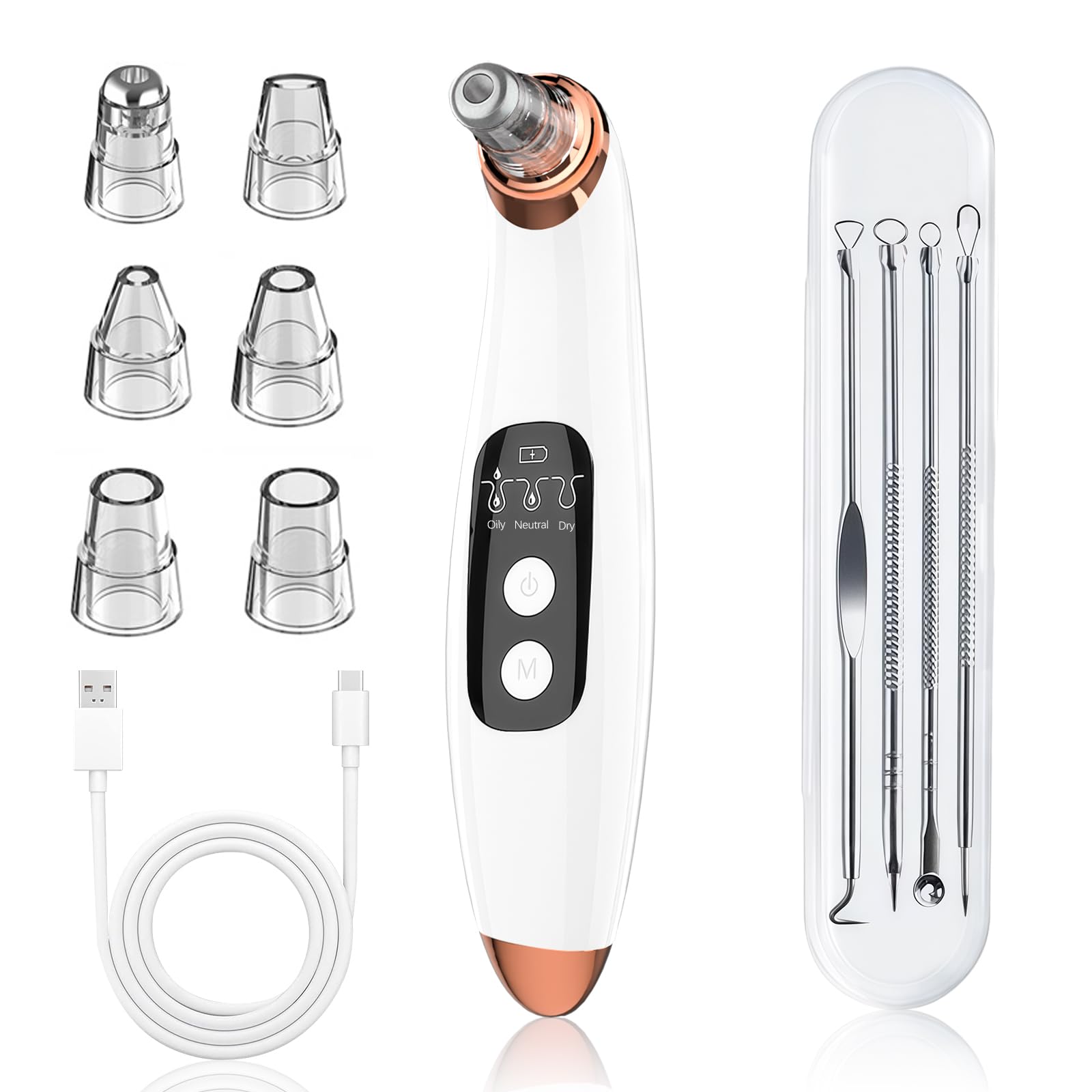 Mitesserentferner Porensauger Porenreiniger Gesicht Elektrisch mit 3 Saugstufen 6 Köpfen, LCD Display, Vakuumsauger zur Gesichtsreinigung, Schonend, USB Wiederaufladbar, Eisweiß