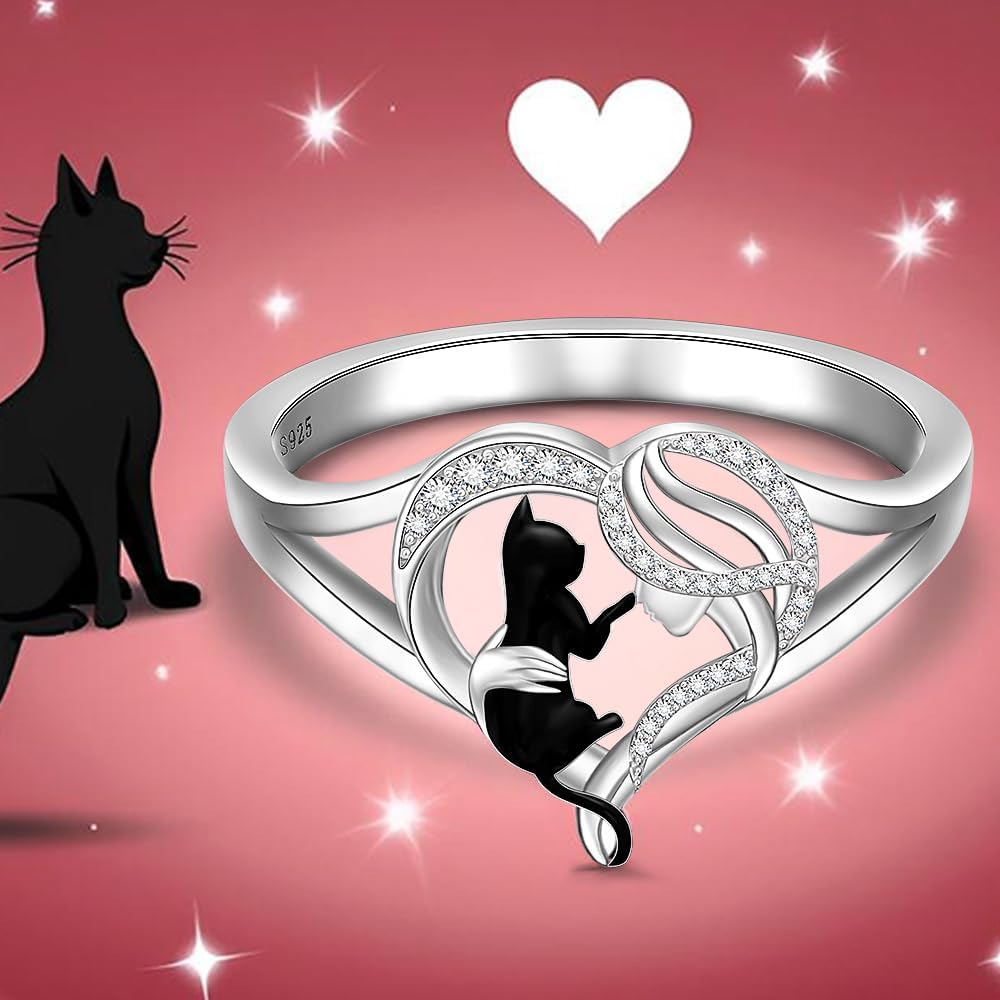 Fenthring Cat Ring Sterling Silver Heart Cat Rings for Women Animal Remembrance Christmas Gifts for Loss Lover Jewelry Size 7 8 9 - Image 9