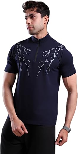 GROW Stylish Gym T Shirts for Men Workout | Cotton and Spandex Quarter Zip Back Printed Collar T Shirts for Men Half Sleeves