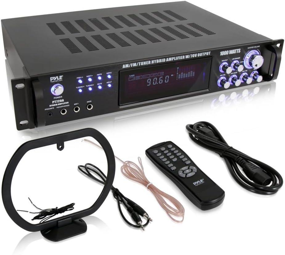 Sound Around Pyle Home PT720A 1000-Watt AM/FM/Tuner Hybrid Amplifier with 70-Volt Output, Built-In Auto Mute Function And Music On Hold Output
