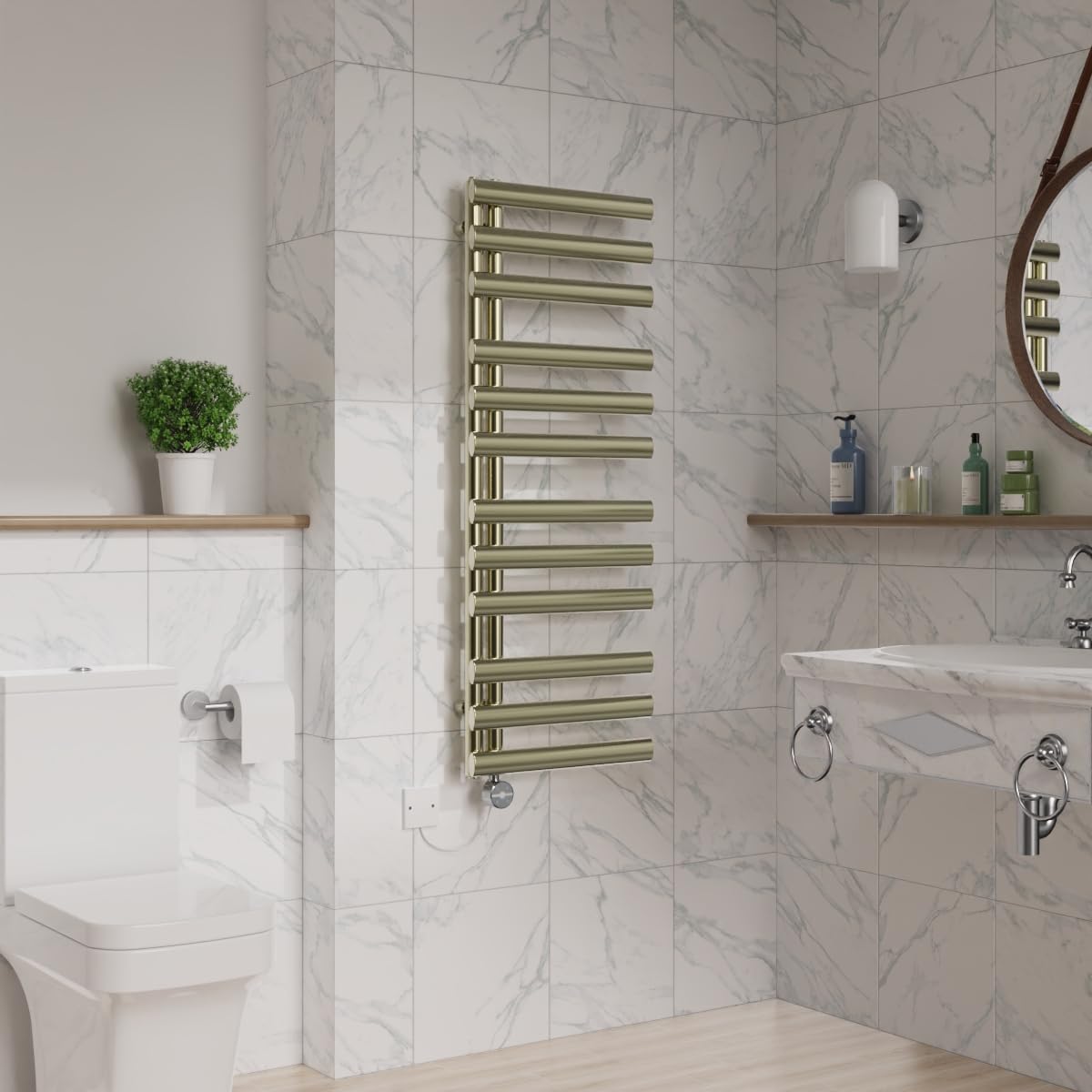 Warmehaus Brushed Brass Designer Oval Panel Touch Screen Thermostatic Electric Bathroom Heated Towel Rail Warmer Radiator With Timer 1200X450mm