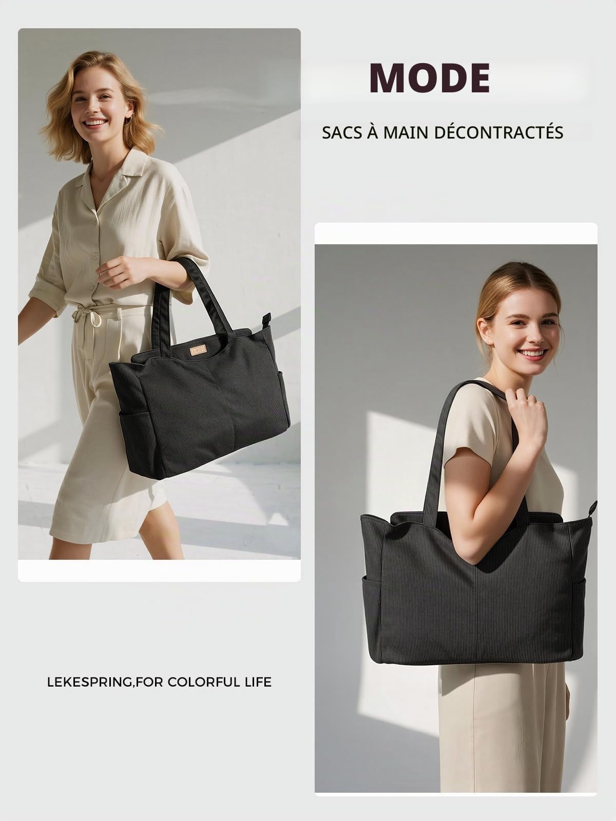 Lekesping Sac Fourre Tout Femme Grand en Velours Côtelé, Sac à Main Cabas Femme avec Fermeture Éclair, Sacs Bandoulière Ordinateur Portable 15,6 Pouces pour Plage Travail Cours Shopping Sport