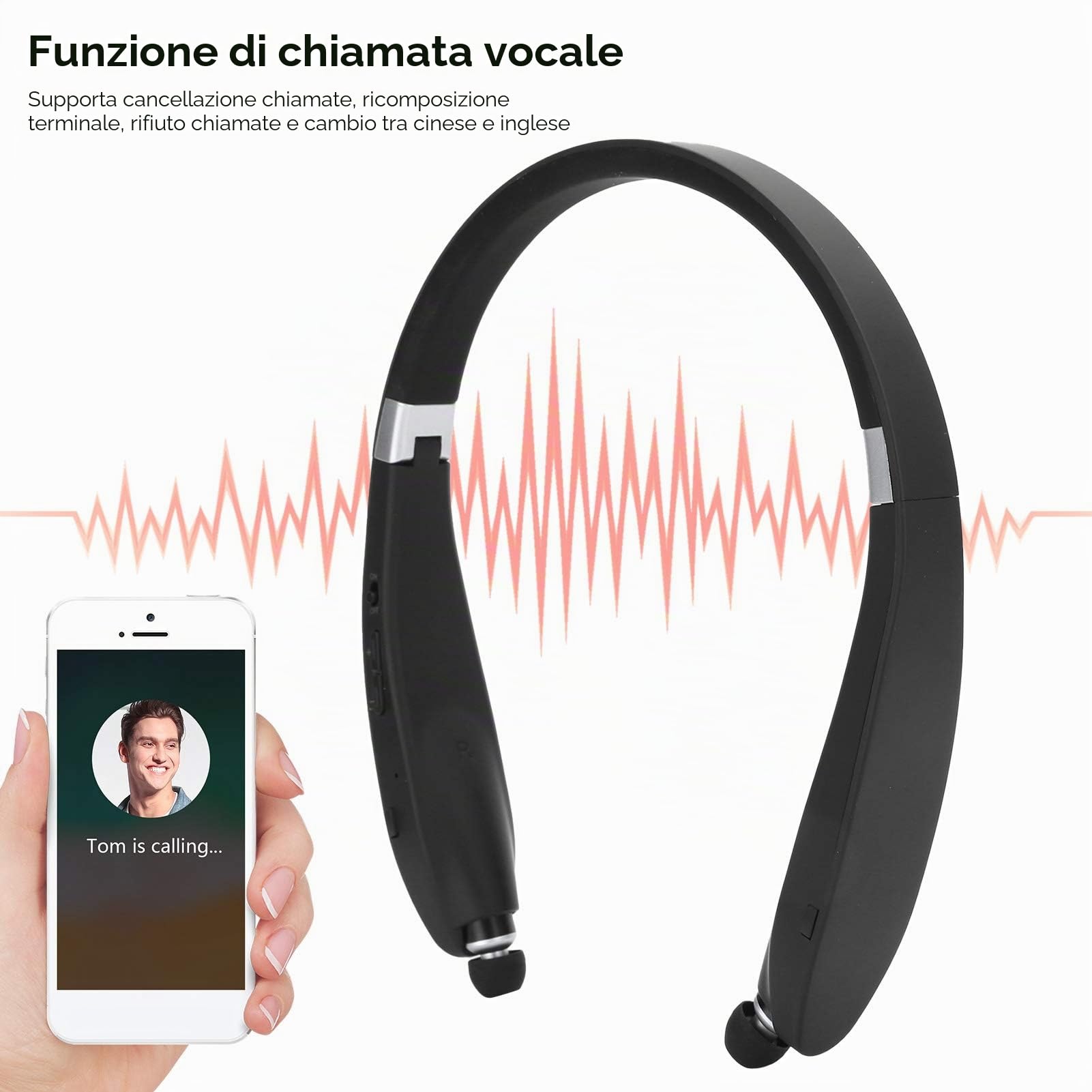 Cuffie Bluetooth 5.0, Cuffie Pieghevoli con Archetto da Collo con Auricolari Retrattili, Auricolari Stereo Wireless con Cancellazione del Rumore per Allenamento, Sport, Guida