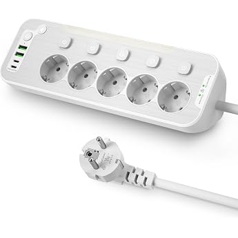 Table Socket with USB, 5-Way Power Strip, Individually Switchable | Corner Socket Kitchen and Office, Wall Mounted, Multiple 