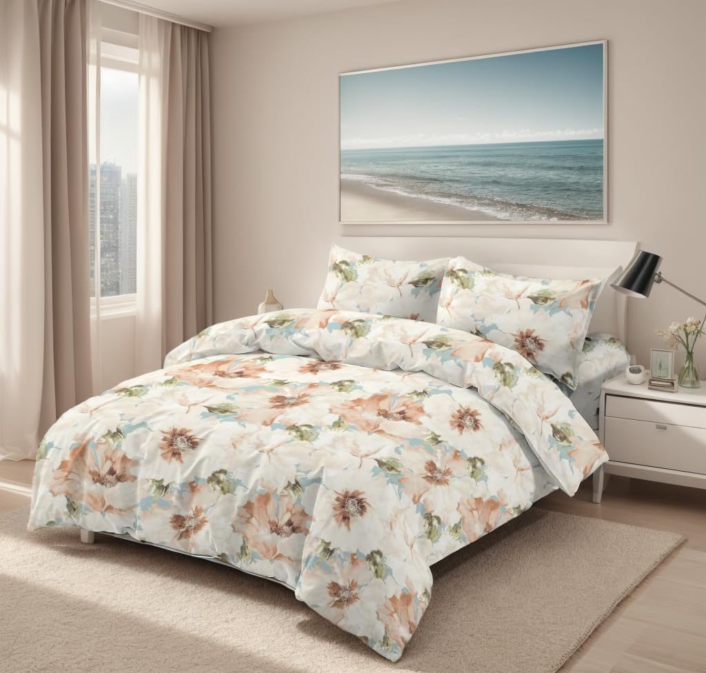Juego de Funda Nórdica 4 Piezas Cama 180 Microfibra Extra Suave Transpirable - 1 Funda Edredón 260x240 cm, 1 Bajera 180x200+28 cm y 2 Fundas de Almohada 50x100 cm (Color Flor Beige)