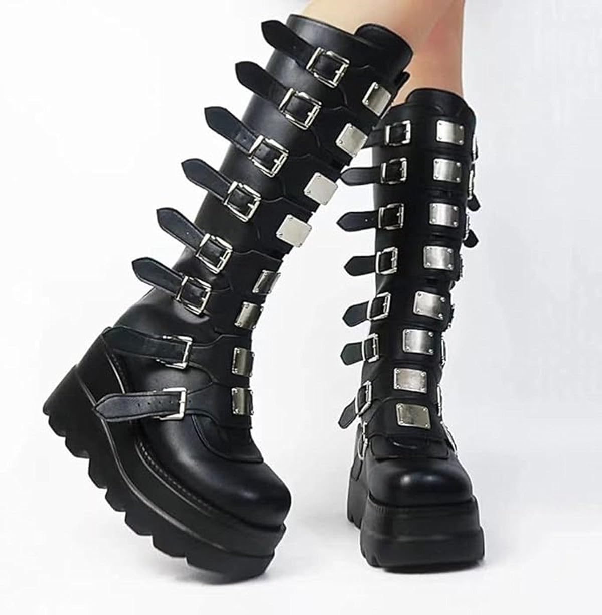 Gothniero High Platform Knee Boots Chunky Heel Wedge Black Boots For Women Combat Goth Punk Motorcycle Booties Zip up With Metal Buckles Size5-11 - Image 7