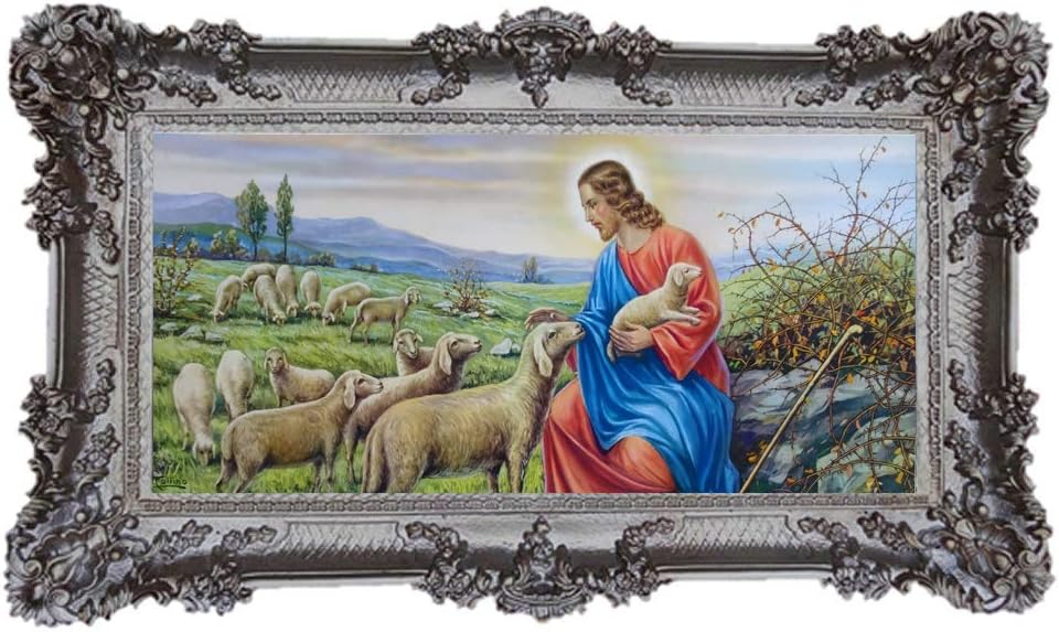 Beautiful Repro Baroque Antique Look Framed Painting with Ornamental Decorations Mounted in the Frame Jesus Mary Joseph Sacra Family Icons Picture Repro 96 x 57 cm A.Collino antique silver