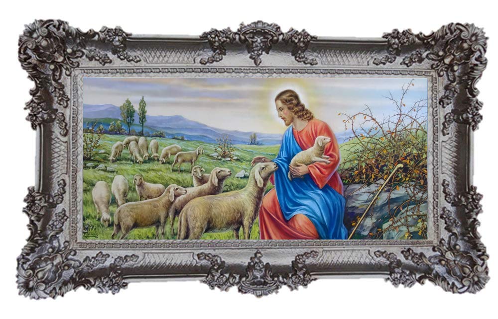 Beautiful Repro Baroque Antique Look Framed Painting with Ornamental Decorations Mounted in the Frame Jesus Mary Joseph Sacra Family Icons Picture Repro 96 x 57 cm A.Collino antique silver