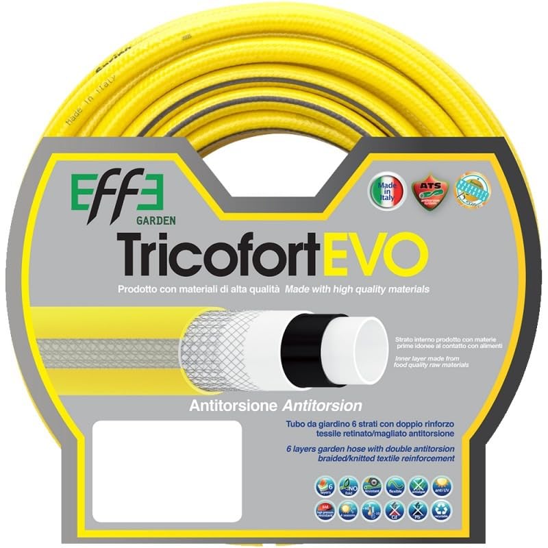 Tubo da Giardino antitorsione professionale 1/2pollici, mt 25, 6 strati, per Irrigazione, Made in Italy