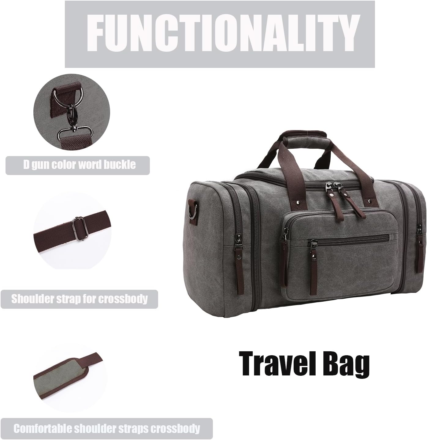 Duffle Bag for Travel,Overnight Weekend Gym Carry On Luggage Bag, 50L Travel Bag for Men Women, Expandable Spacious Travel Duffel Bag,Expandable spacious large capacity, Waterproof canvas (grey) - Image 6
