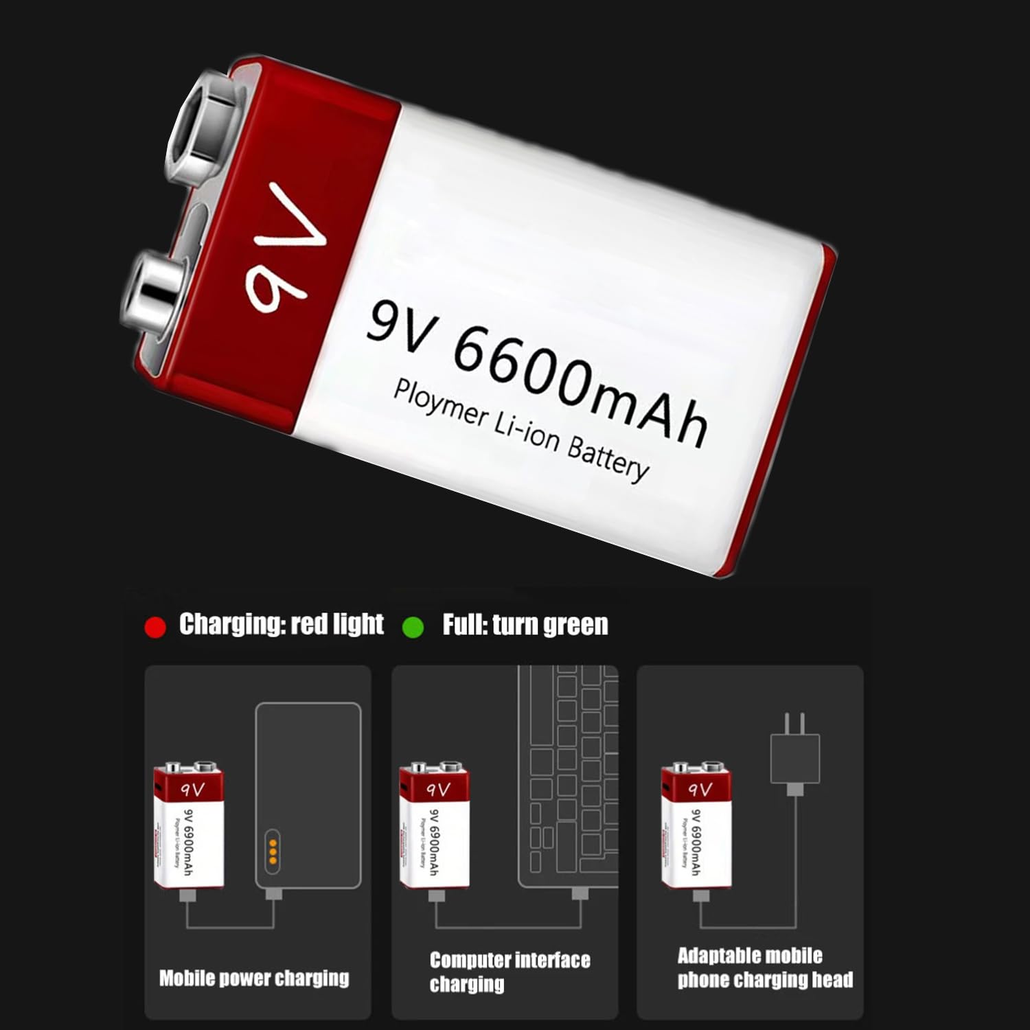 TGHY Batteria Litio Batteria Ricaricabile USB agli ioni Litio 9V Confezione di batterie al Litio ad Alta capacità da 6900 mAh con Cavo di Ricarica USB Tipo C (Confezione da 4)