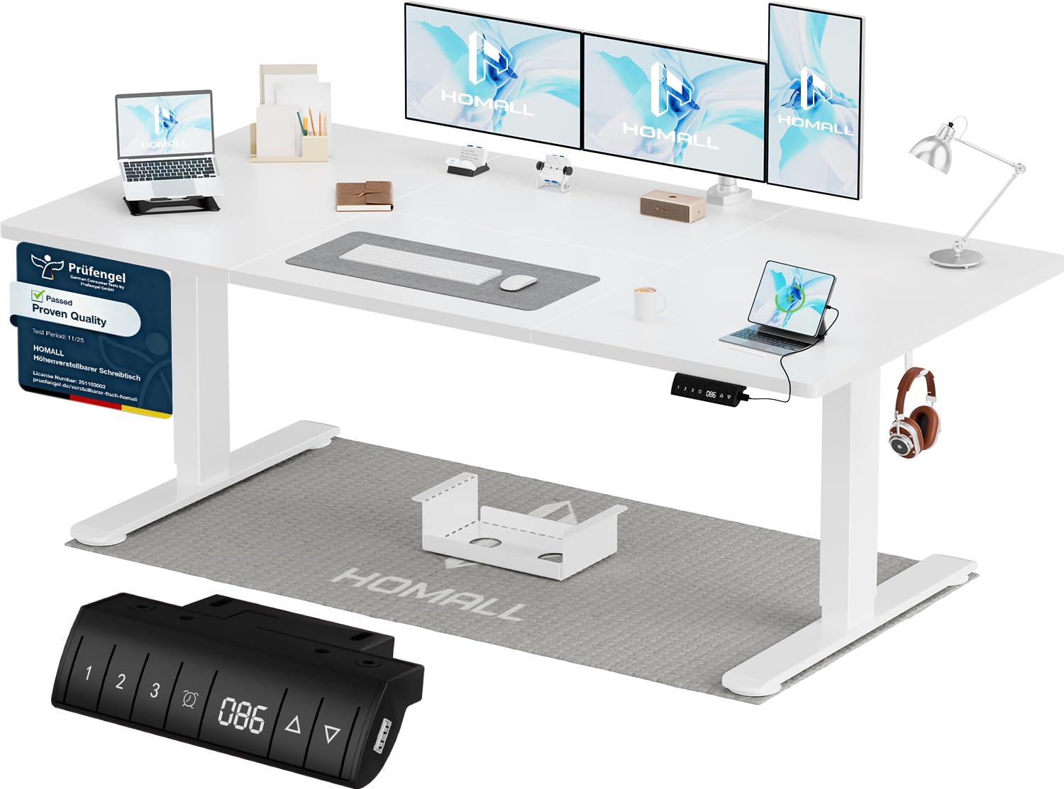 Homall Höhenverstellbarer Schreibtisch mit USB-A Ladeanschluss, Elektrischer Schreibtisch mit Kabel Management Tray, Standing Desk mit 3 Memory Funktion, Computertisch