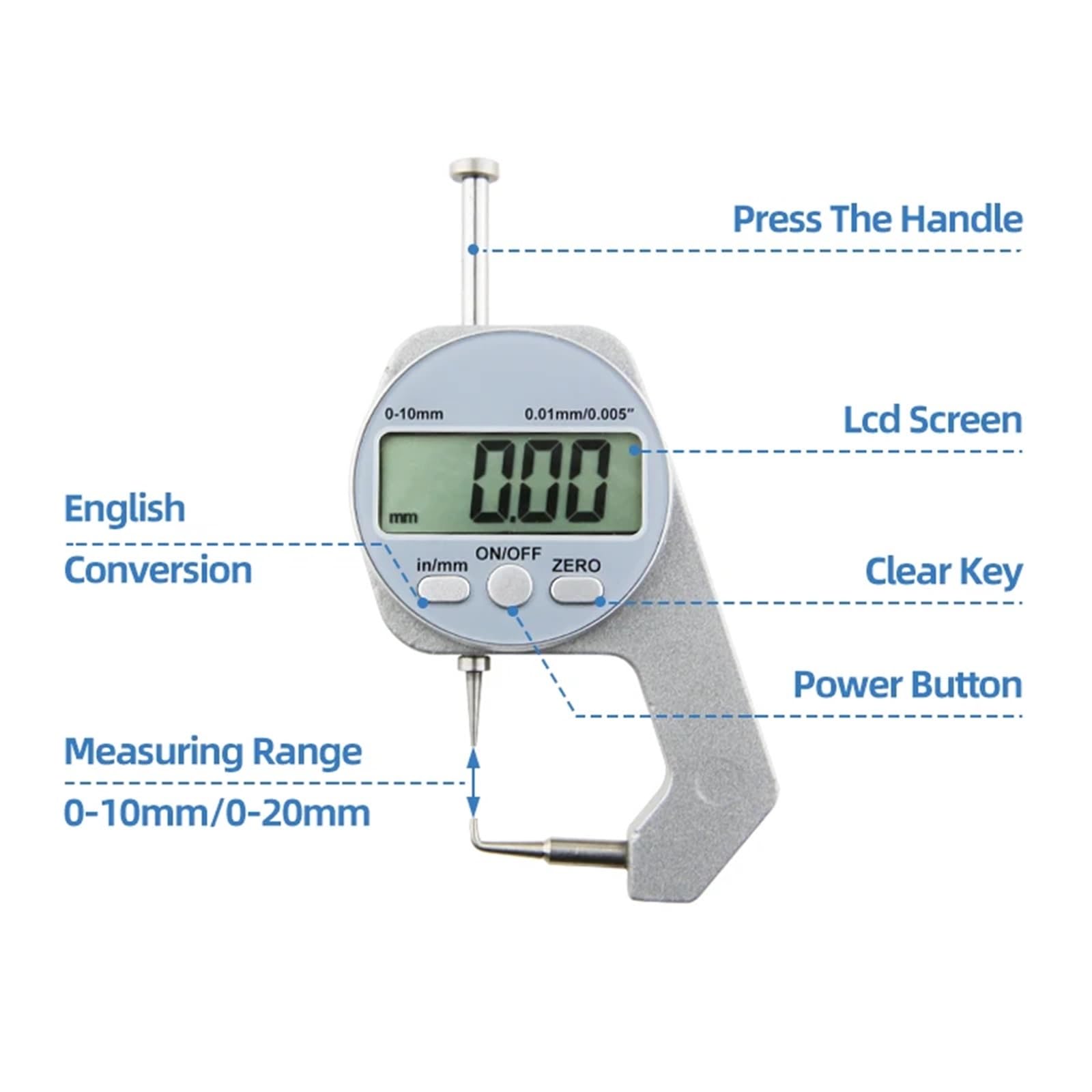 Misuratore di Spessore con Display Digitale Micrometro elettronico in Lega di Zinco Strumenti di misurazione dello Spessore della Parete Imperiale metrico 0-10 / 20mm(0-10mm B Thickness)