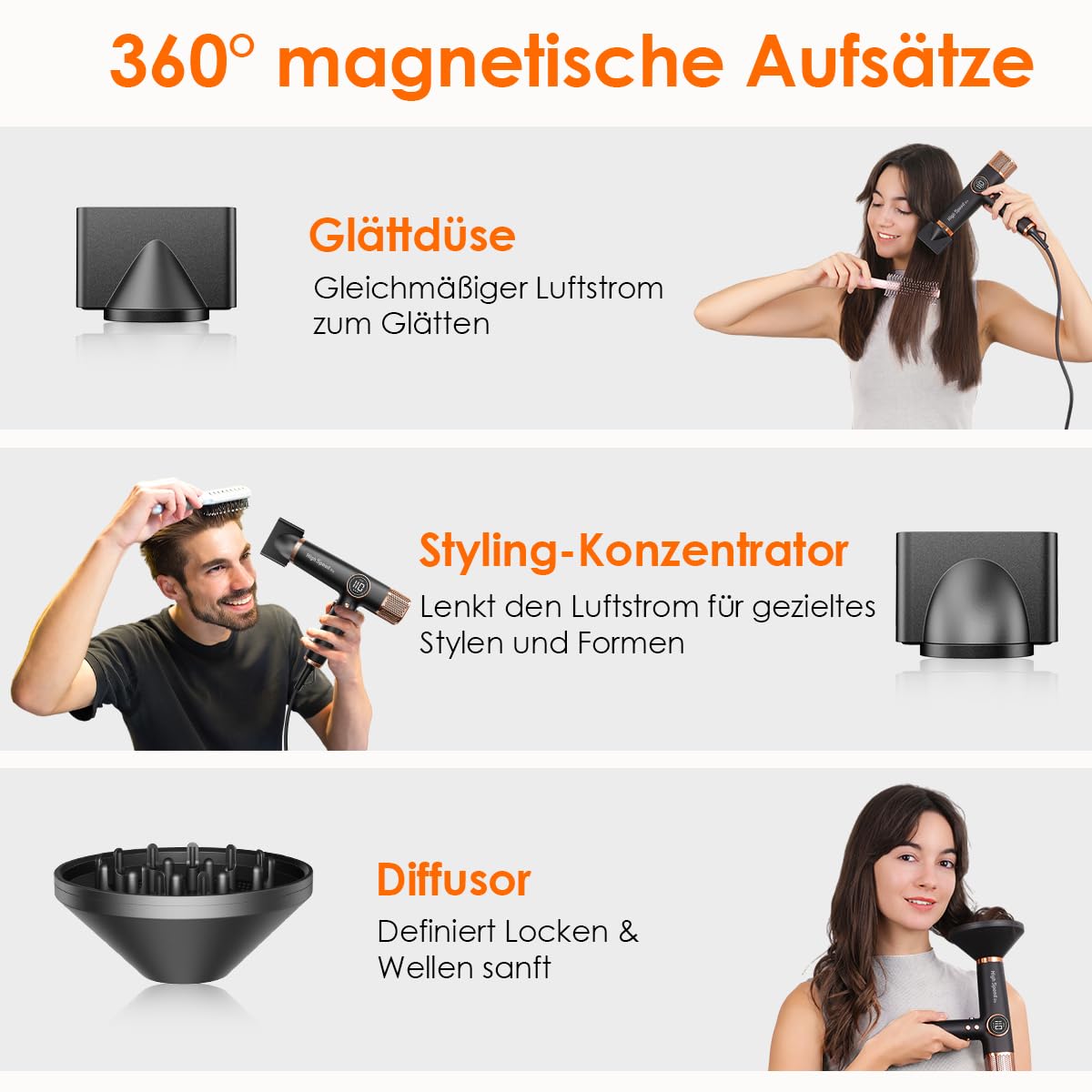Faszin Haartrockner Leichter Föhn mit 110.000 RPM bürstenlosem Motor für Schnelles Trocknen, 200 Millionen Ionen fön, Wenig Lärm, LED-Anzeige, 3 Magnetdüse für Zuhause, Salon (Schwarz)