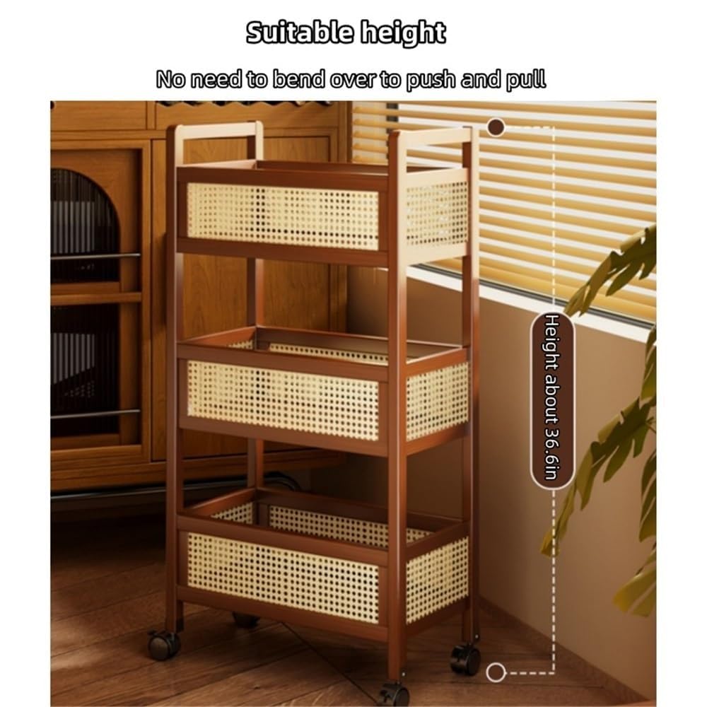 Carrito rodante multifuncional con ruedas, estante de ratán con barandillas para sala de estar, cocina, entrada, 50 cm, solución de almacenamiento versátil