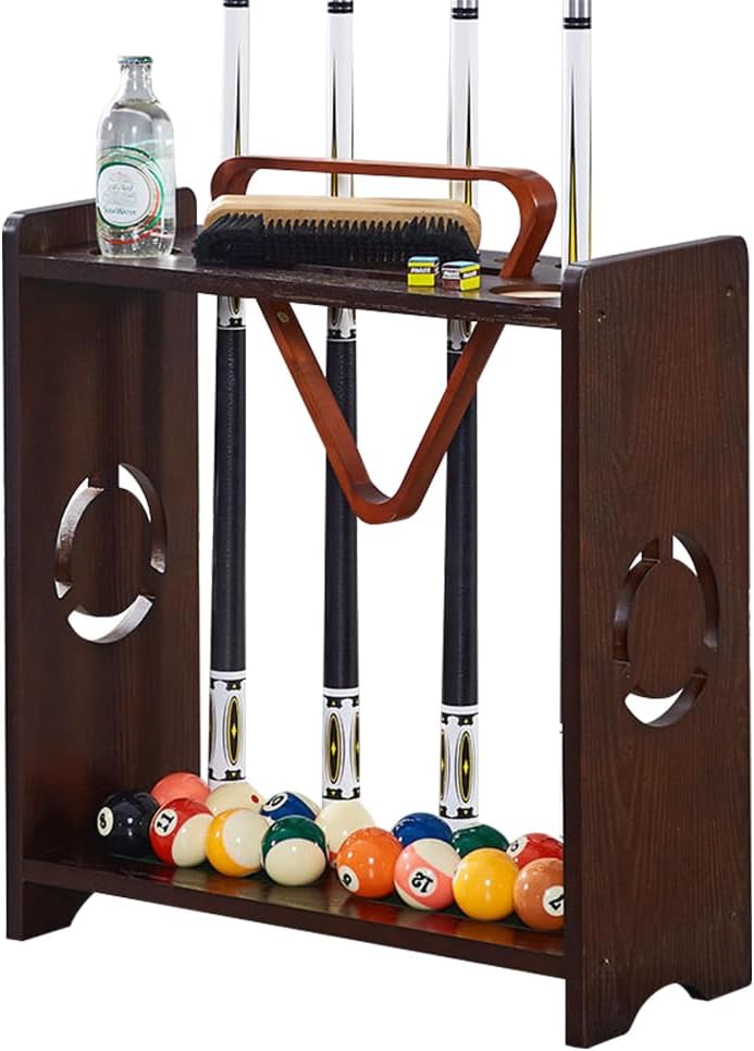 Pool Stick Holder Floor Stand Billiards Cue Rack Oak Solid Wooden Holds 8 Cues and Pool Table Accessories Organizer with Ball Storage and Triangle Rack Slot for Game Room Club
