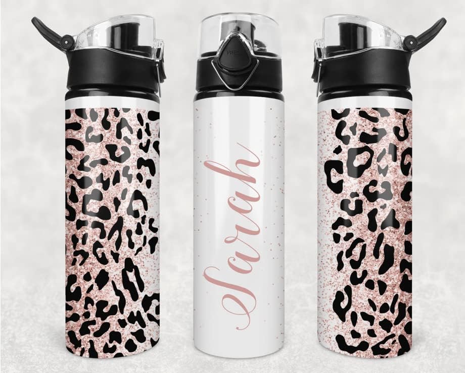 Personalized Flip Top Water Bottle 25oz | Gym Water Bottle | Travel Cup | 750ml | Rose Gold Glitter Effect animal print with Name
