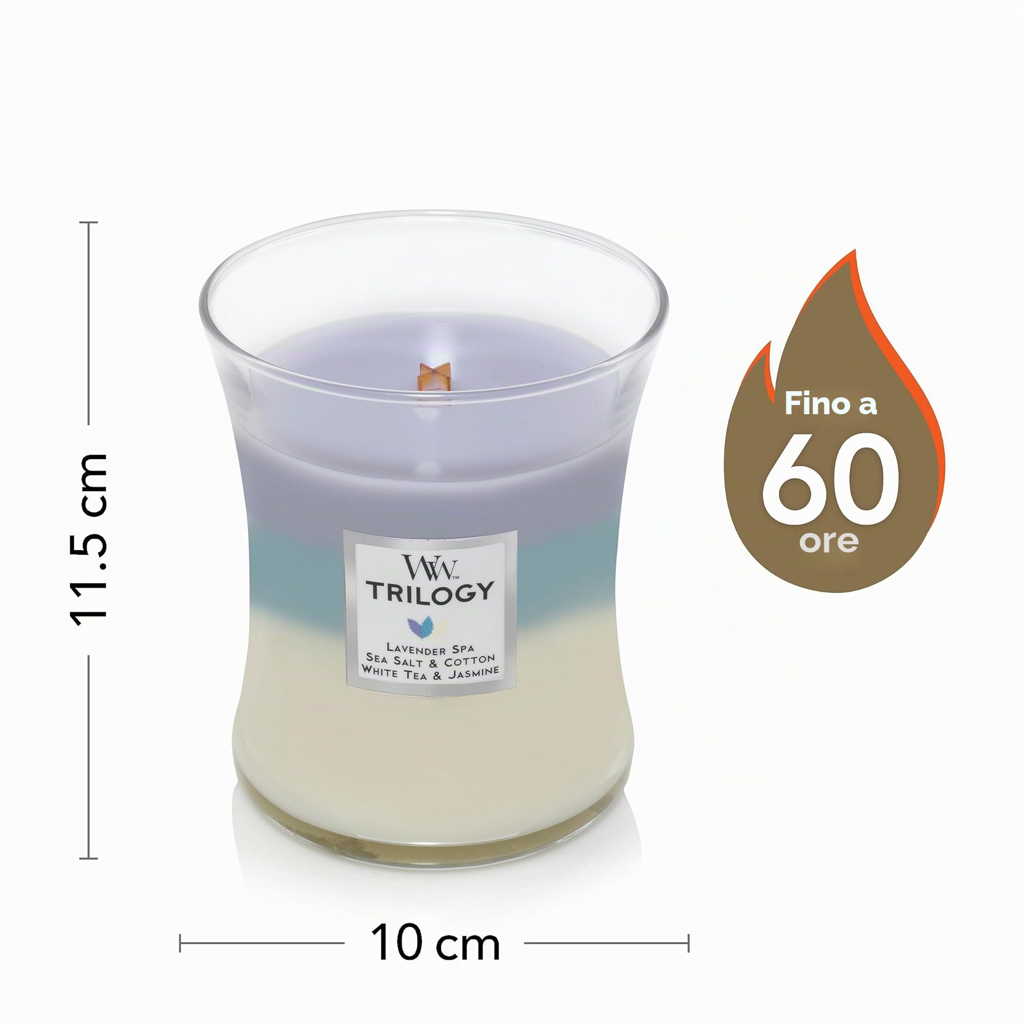 Candela profumata WoodWick con stoppino scoppiettante & Trilogy candela profumata a clessidra media con Pluswick Innovation, Legno caldo