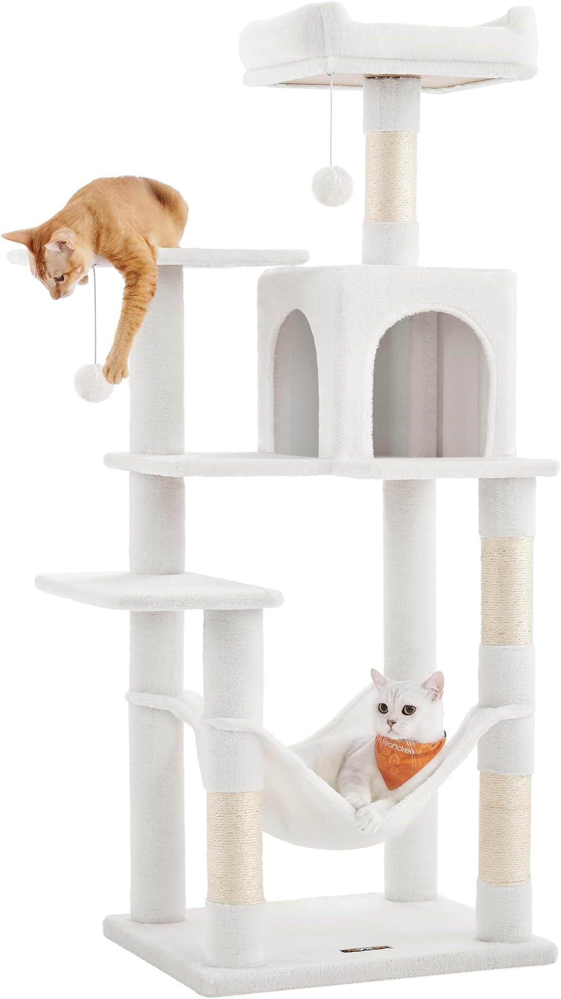 Cat Tree, 55.1-Inch Cat Tower, Plush Multi-Level Condo with 4 Scratching Posts, 2 Perches, Hammock, Cave, Cream White UPCT161T01