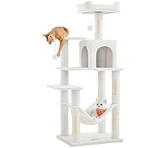 Feandrea Albero per Gatti Alto 143 cm, Tiragraffi per Gatti, con 4 Pali Graffiatoi, 2 Posatoi, 1 Grotta, 1 Amaca, 2 Pompon, in Peluche a Più Livelli, Bianco Crema PCT161T01V1