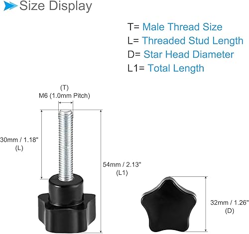 Miniatura 19 de Perillas de sujeción de estrella, rosca macho M6 x 1.969 in, cabeza de 1.260 in, mango de tornillo de pulgar de plástico, perno roscado negro