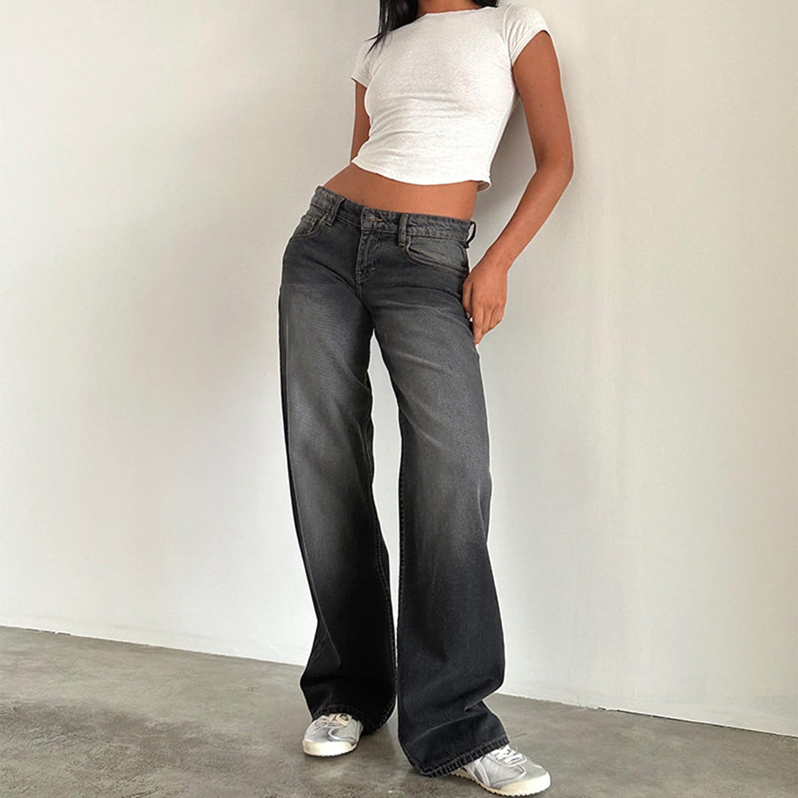 Yassiglia Damen Baggy Jeans Y2K Low Rise Wide Leg Jeans Boyfriend Jeans für Frauen Casual Baggy Hose mit Tasche