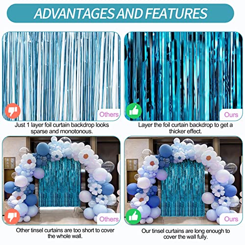 Image of Crosize 3 Pack 3.3 x 9.9 ft Blue Foil Fringe Backdrop Curtain, Streamer Backdrop Curtains, Streamers Birthday Party Decorations, Tinsel Curtain for Parties, Galentines Decor, Preppy, Photo Booth