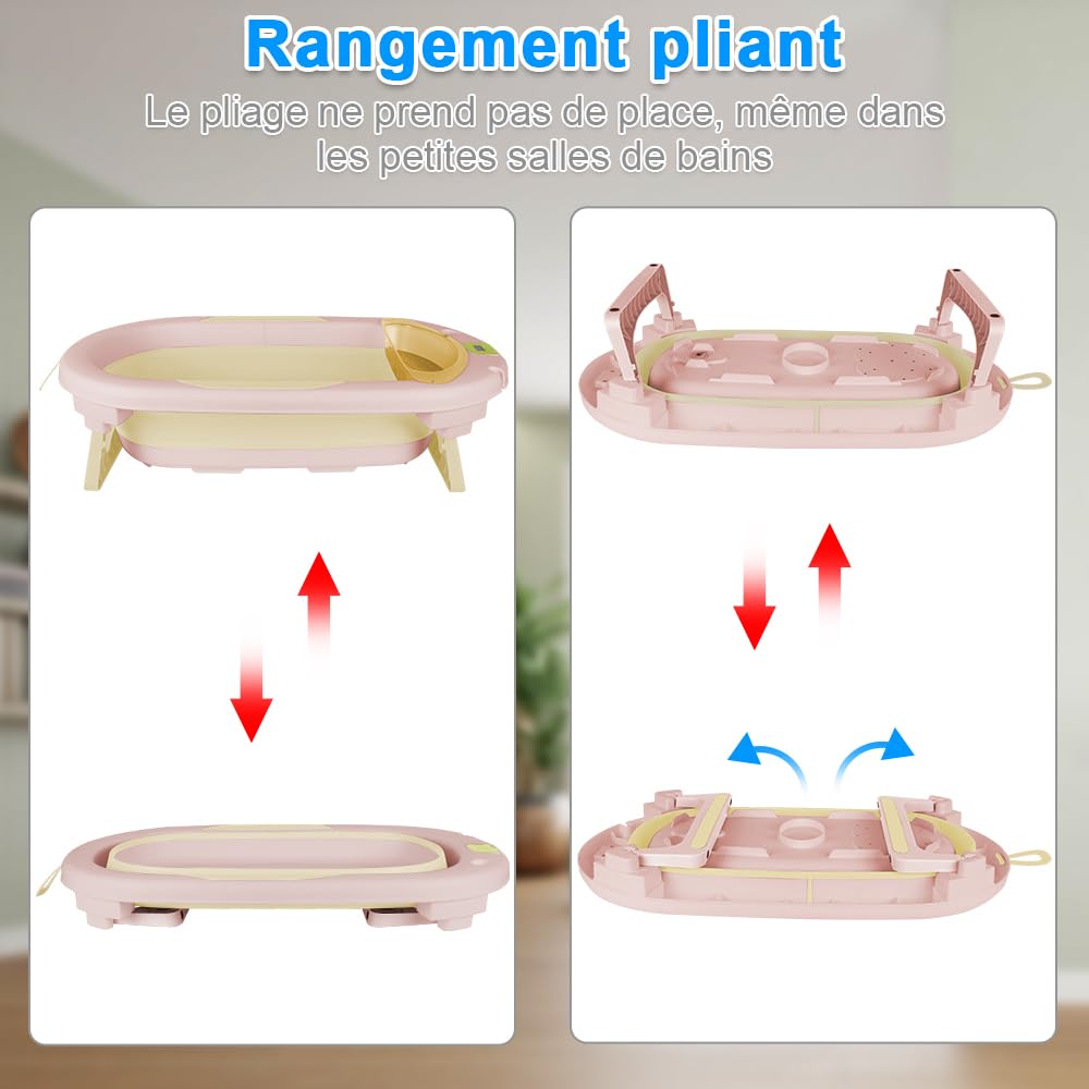 Bañera plegable para bebé con cojín de baño, ergonómica, antideslizante, para recién nacidos, bebés de 0 meses+, bañera termostática con alfombrilla de baño y gorro de ducha