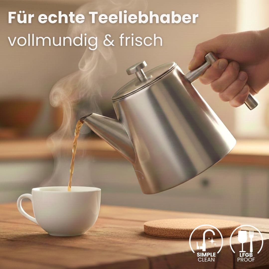Teekanne mit Siebeinsatz 1 Liter I Edelstahl gebürstet I Warmhalte-Funktion I incl. Korkuntersetzer I Hochwertiger Teebereiter Doppelwandig I Perfekt für losen Tee, Ingwer & Kräuteraufgüsse