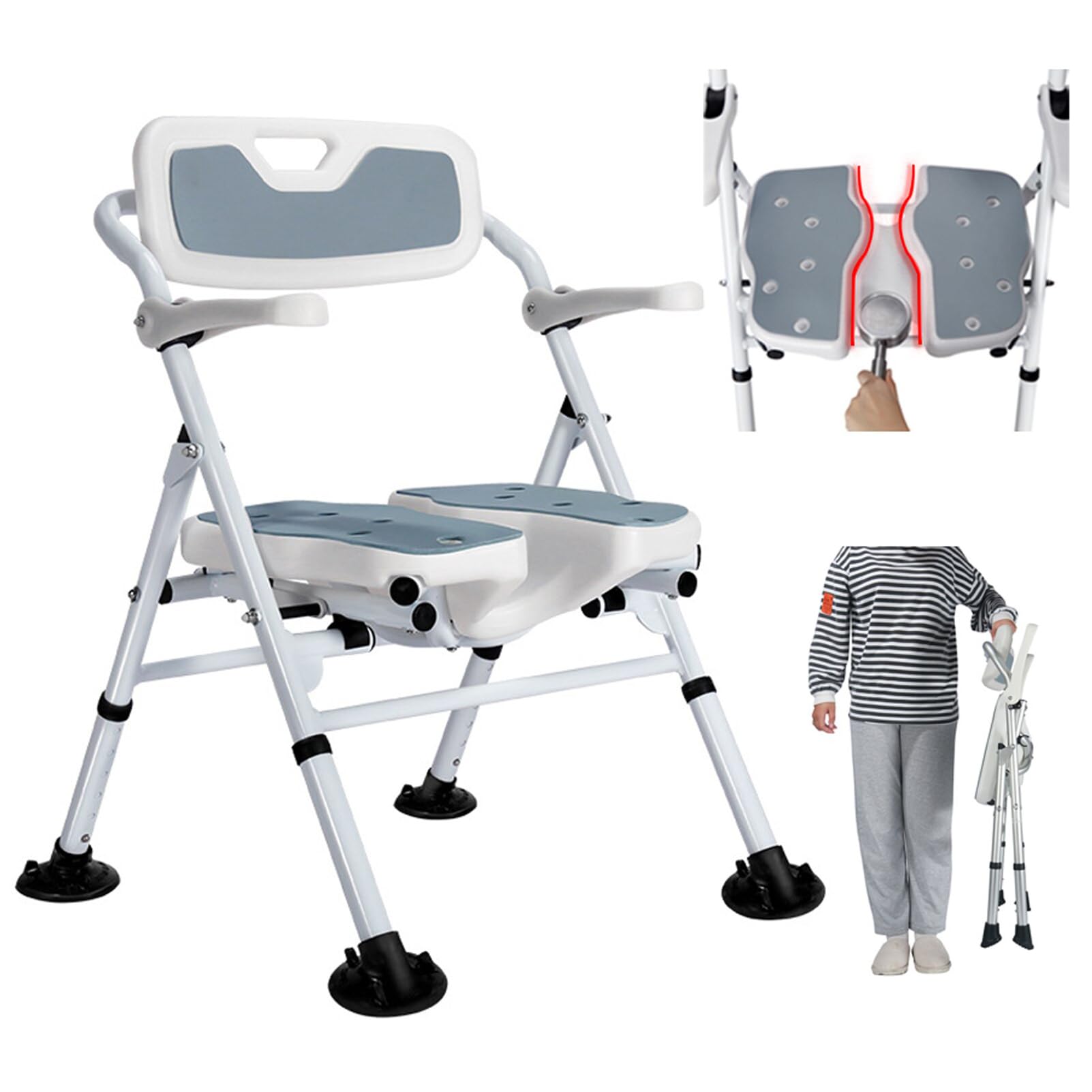 NJUN Sedia da Doccia Pieghevole per Anziani e Disabili, Sedia per Vasca da Bagno, Sedile Antiscivolo, Bianco, Alluminio