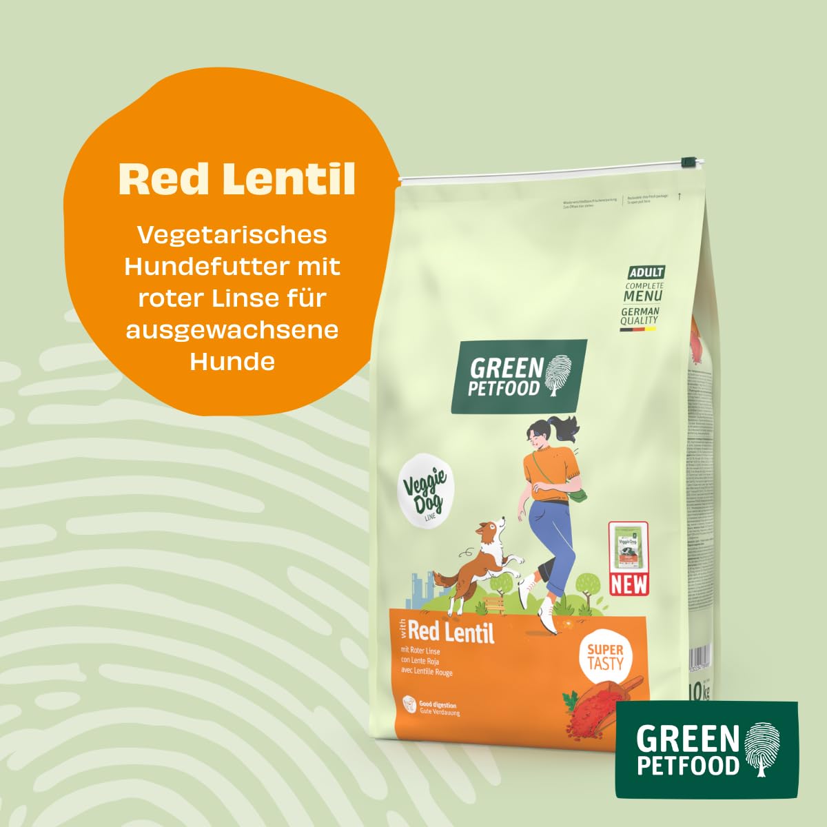 Green Petfood VeggieDog mit roter Linse (1 x 10 kg) | Adult | Premium Trockenfutter für ausgewachsene Hunde | 100% vegetarisch | weizenfrei | besonders verträglich mit Flohsamenschalen | 1er Pack