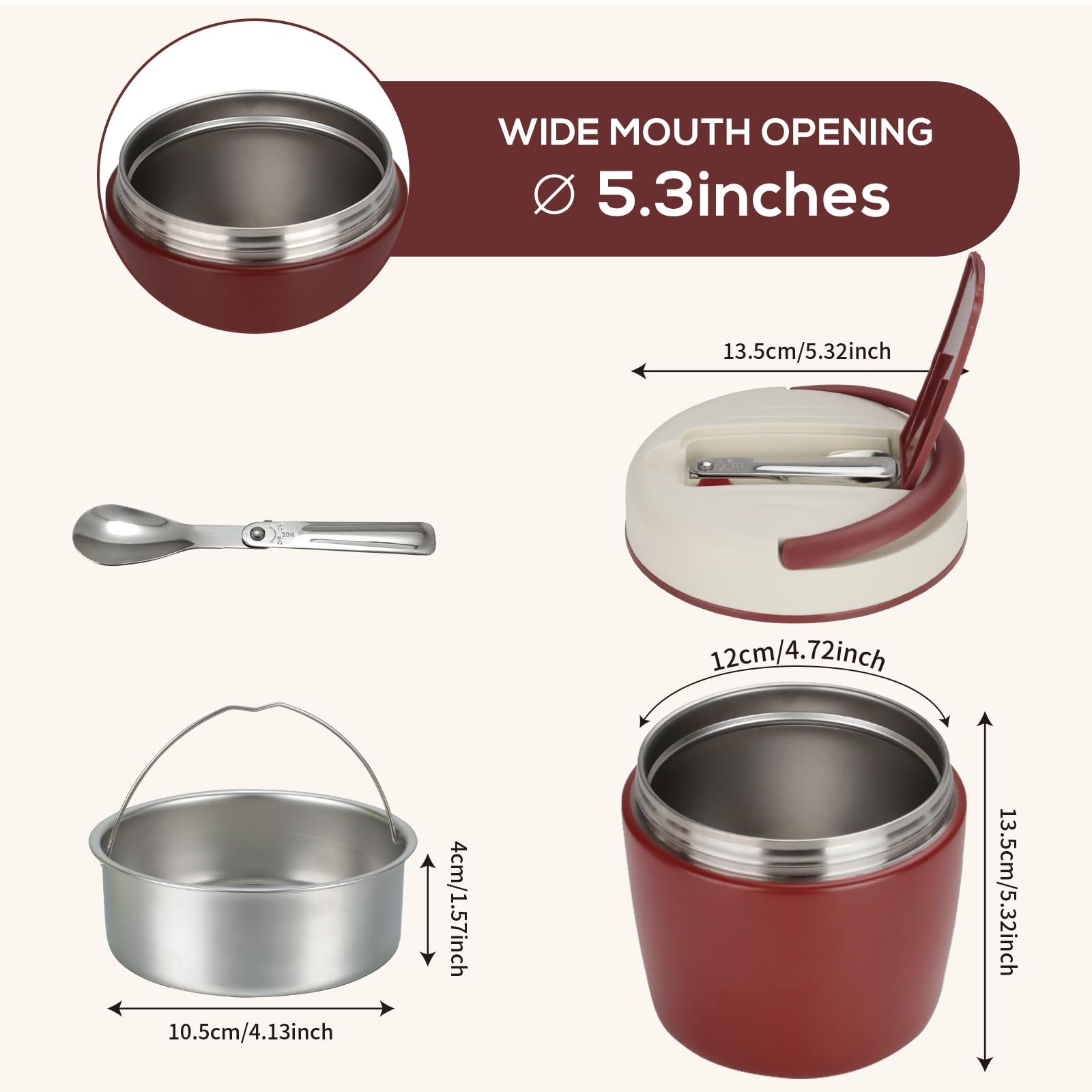 Romon Termos per Alimenti 1200 ml, Contenitore Portapranzo Termico Cibo Caldi, Acciaio Inossidabile Barattoli Isolati con Pieghevole Cucchiaio Portavivande per Zuppa Pasta