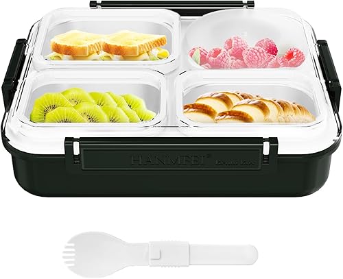 Caja Bento de acero inoxidable, lonchera para adultos de 38.9 fl oz, 4 compartimentos para niños y adultos (verde claro, acero inoxidable)
