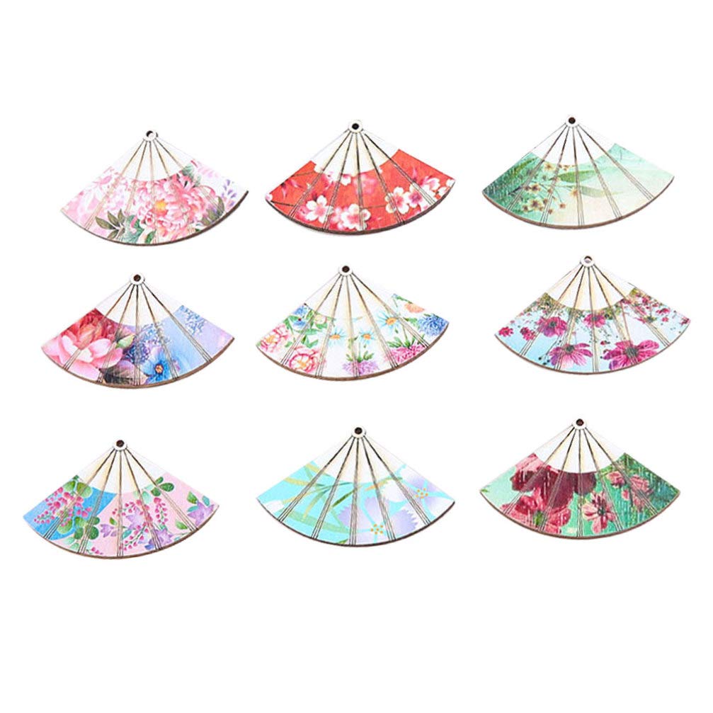 Happyyami 9pcs Japanese Pendant Charm Wood Fan Shape Charm For Diy Crafts Jewelry Making (Assorted Color)
