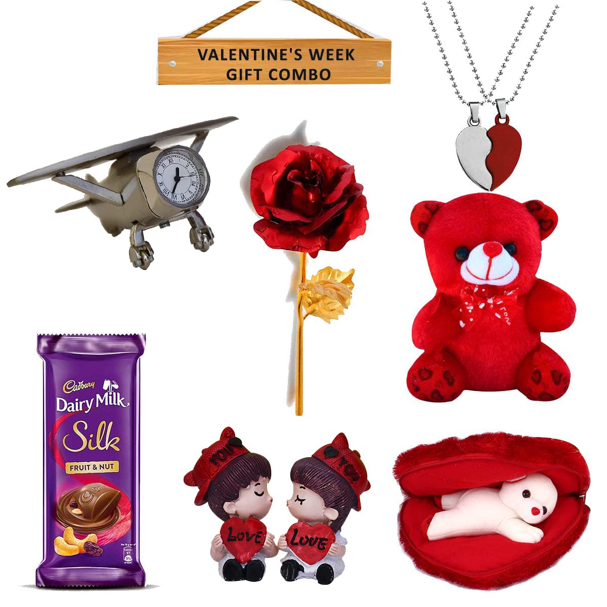 Saugat Traders Valentines Week Gift Combo - Chocolate, Kissing Couple Showpiece, Red Rose, Soft Toy, Ring, Teddy Bear, Heart Couple Locket - 7 Days Valentine Day Love Gift Hamper