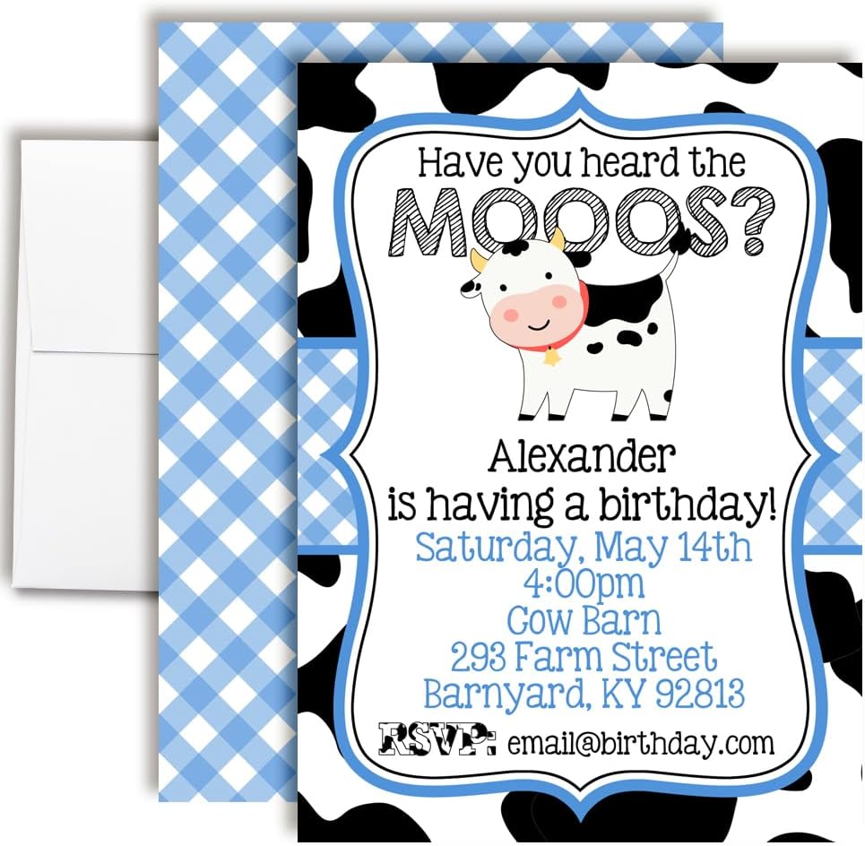 Blue Gingham Cow Birthday Invitations Custom Birthday Invitations 20 5x7 Custom Udderly Adorable Party Invitation Cards With Envelopes - Unique Gingham Cow Party Theme Invites for Boys