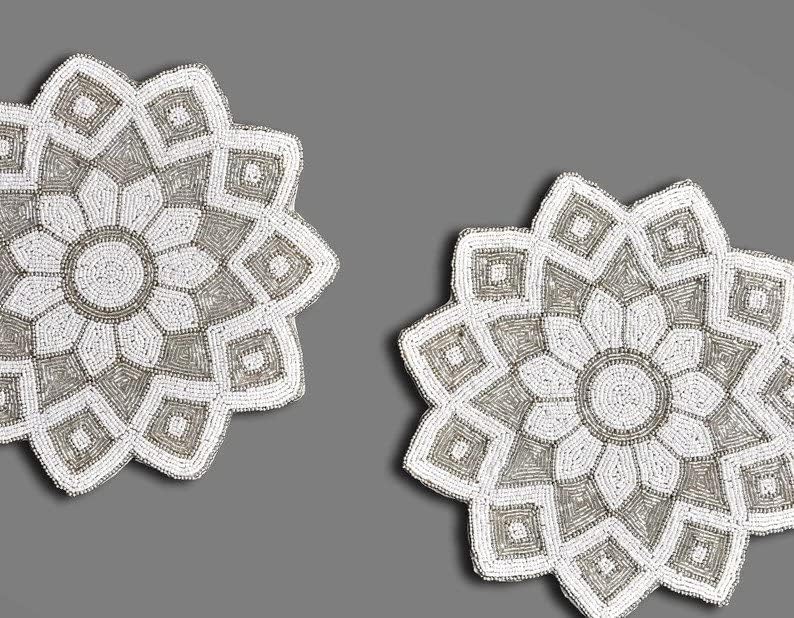 White And Silver Placemat, Handmade Beaded Placemat, Set Of Dining Tablemat, Designer Charger Plate Beaded Charger Placemats,Holiday & Christmas Beaded Placemats 13X13 Inches Set Of 6 Mats
