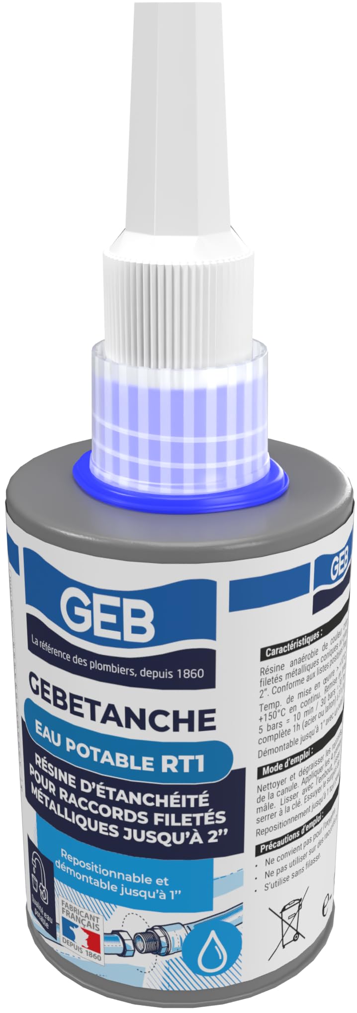 GEB Gebetanche eau potable RT1. Résine d'étanchéitée anaérobie pour raccords filetés métalliques coniques ou cylindriques sur réseaux sanitaires - 75ml