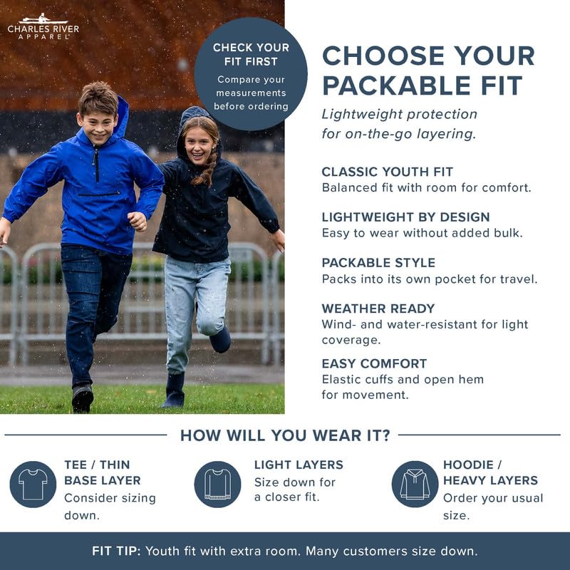 Image of Charles River Apparel Youth Pack-N-Go Pullover, Kids Lightweight Packable Water-Resistant Windbreaker