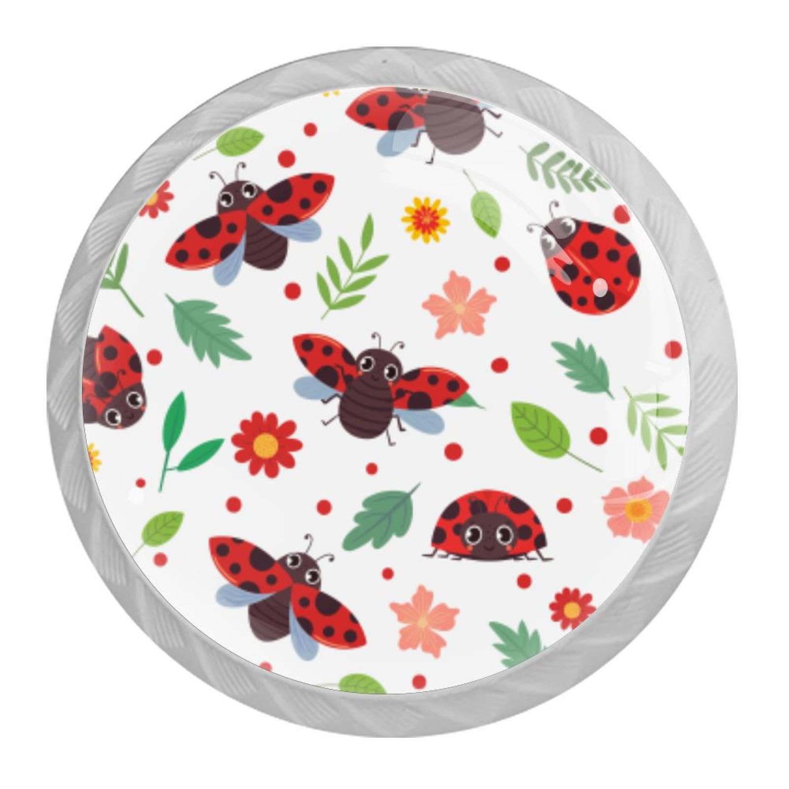 Tqmspg Multi05 4 Pieces Drawer Pulls Cute Ladybug Ladybird Flowers Door Knobs Dresser Handles For Kitchen Wardrobe Cupboard Hardware Furniture
