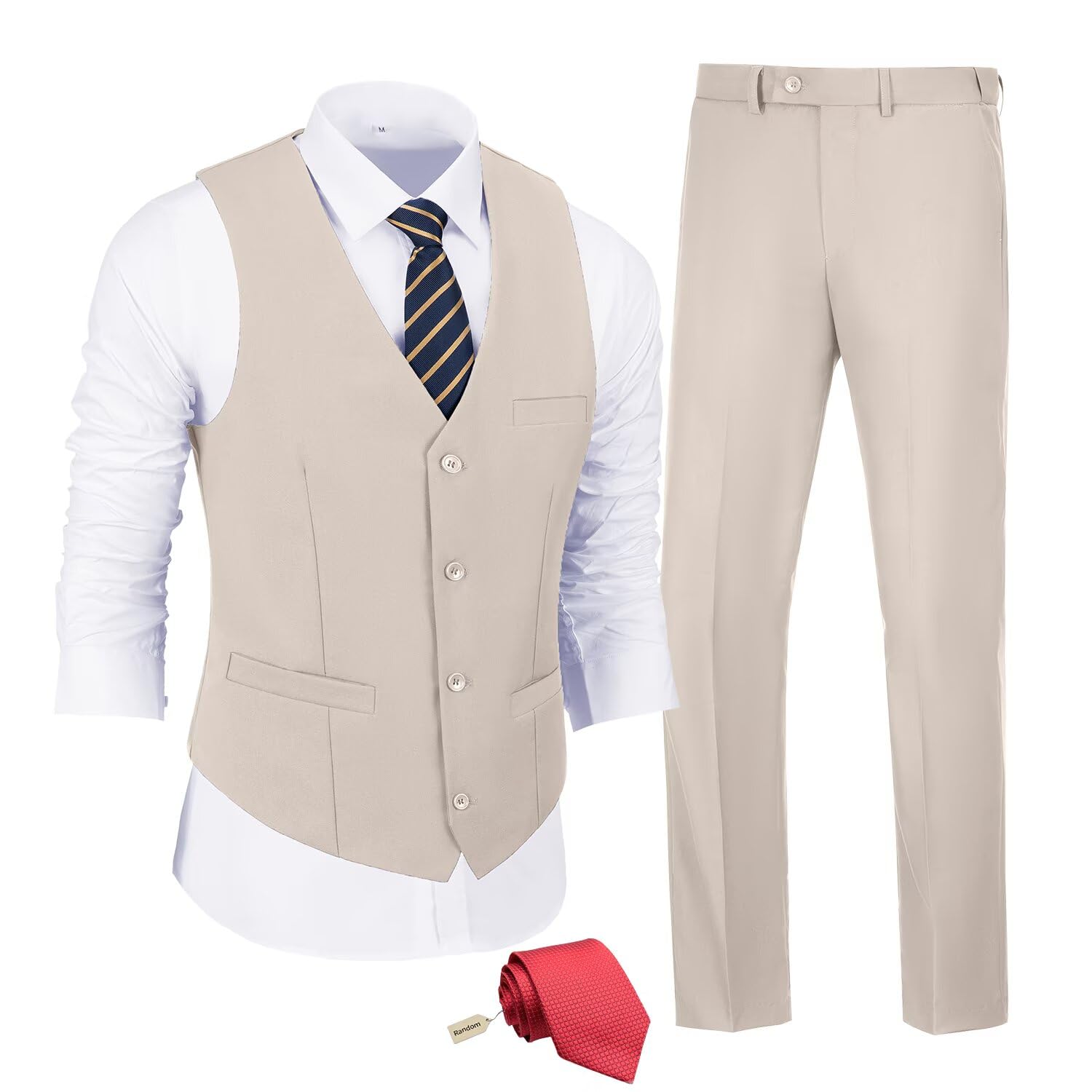 JPF Men's 2 Piece Slim Fit Suit Set, Solid Vest and Pants Suit for Men with Tie