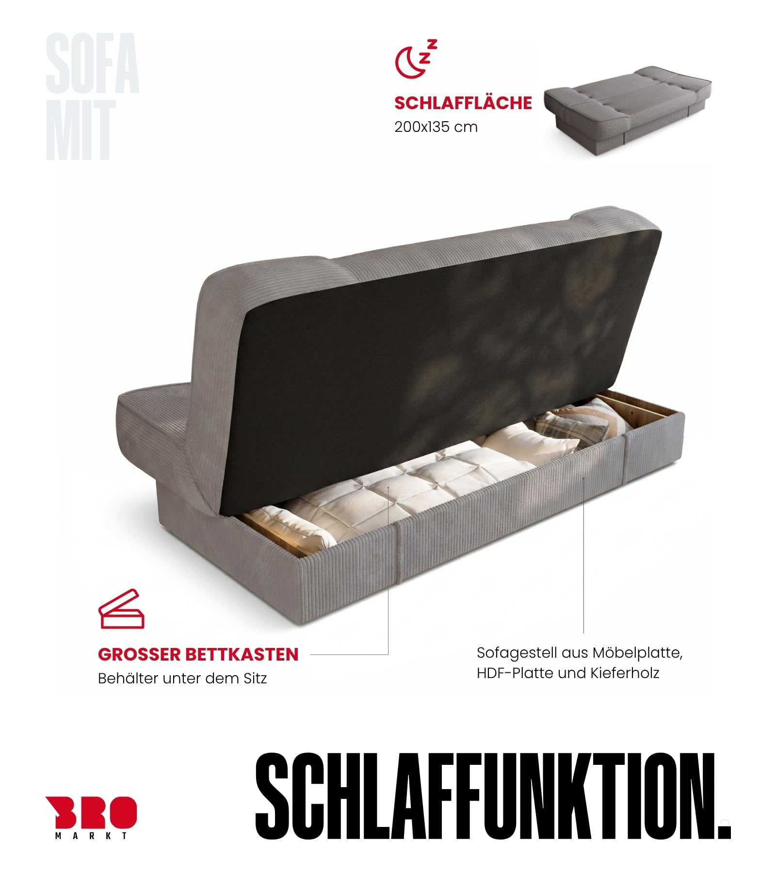 BROMARKT Schlafsofa mit Bettkasten Hellgrau 192x85x93 cm Couch mit Schlaffunktion 190x115 cm Sofa Bed Schlafcouch für Wohnzimmer Wohlandschaft Klappsofa mit 1 Kissen TOLIA