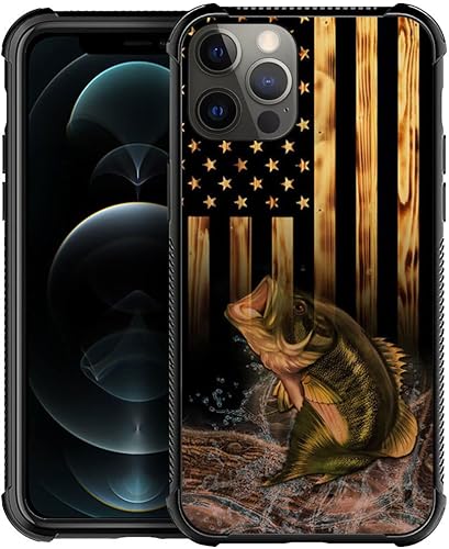 DJSOK Funda compatible con iPhone 14 Plus, funda protectora de madera con bandera estadounidense y peces para iPhone 14 Plus, para hombres, mujeres,